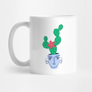 Cactus houseplant. Indoors thorny plant in flowerpot. Mug